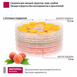 Сушилка для овощей и фруктов Мастерица EFD-0501M, 5 прозрачных поддонов, 125 Вт